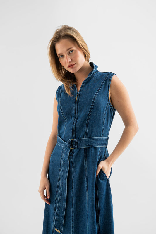Indigo Belted Denim Maxi Dress