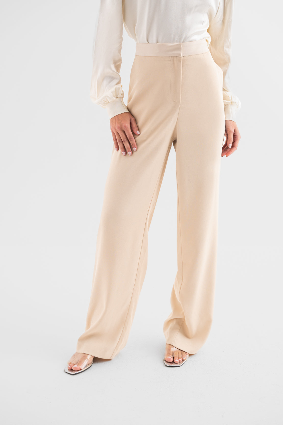Beige High-Waisted Wide-Leg Trousers