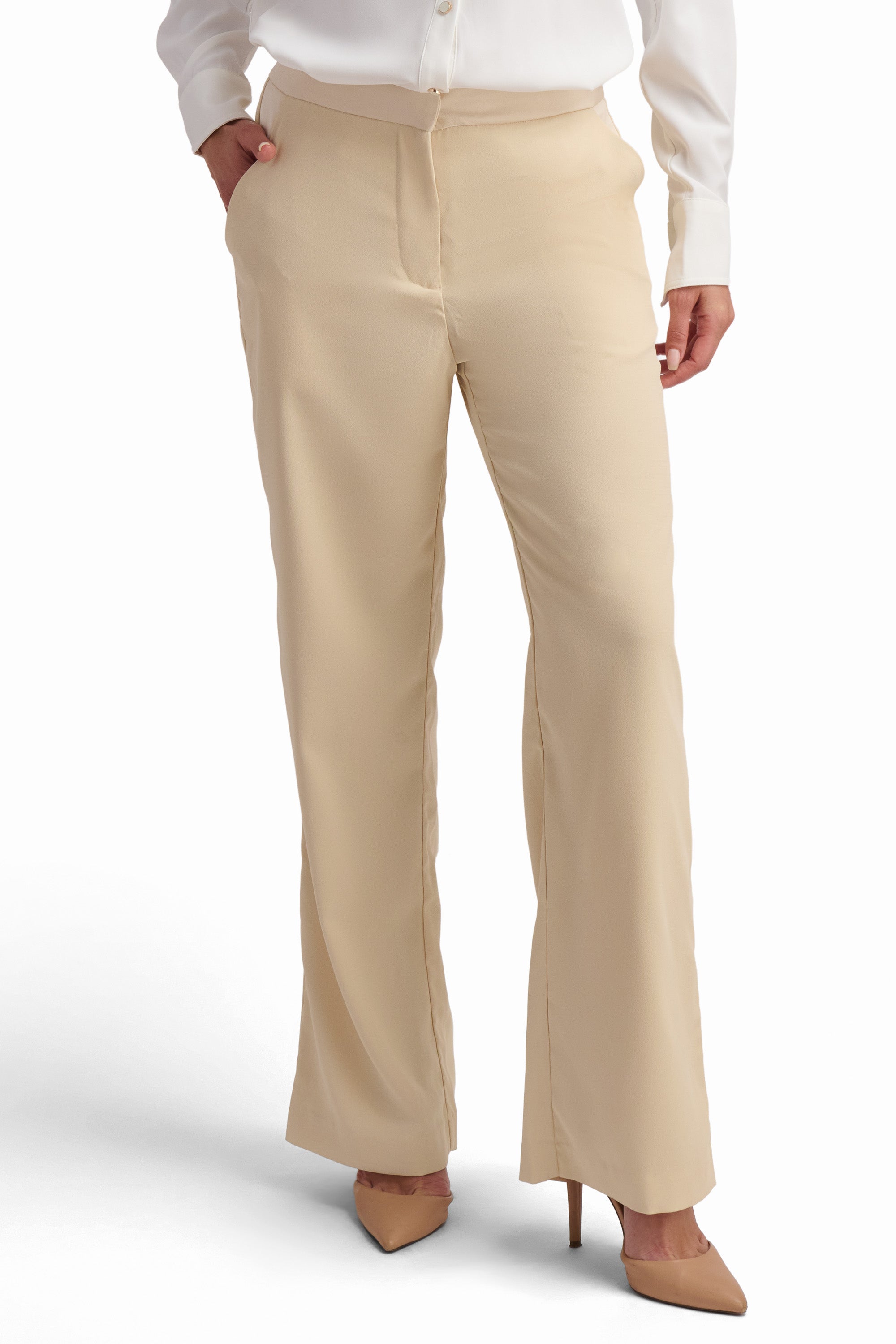 Beige High-Waisted Wide-Leg Trousers