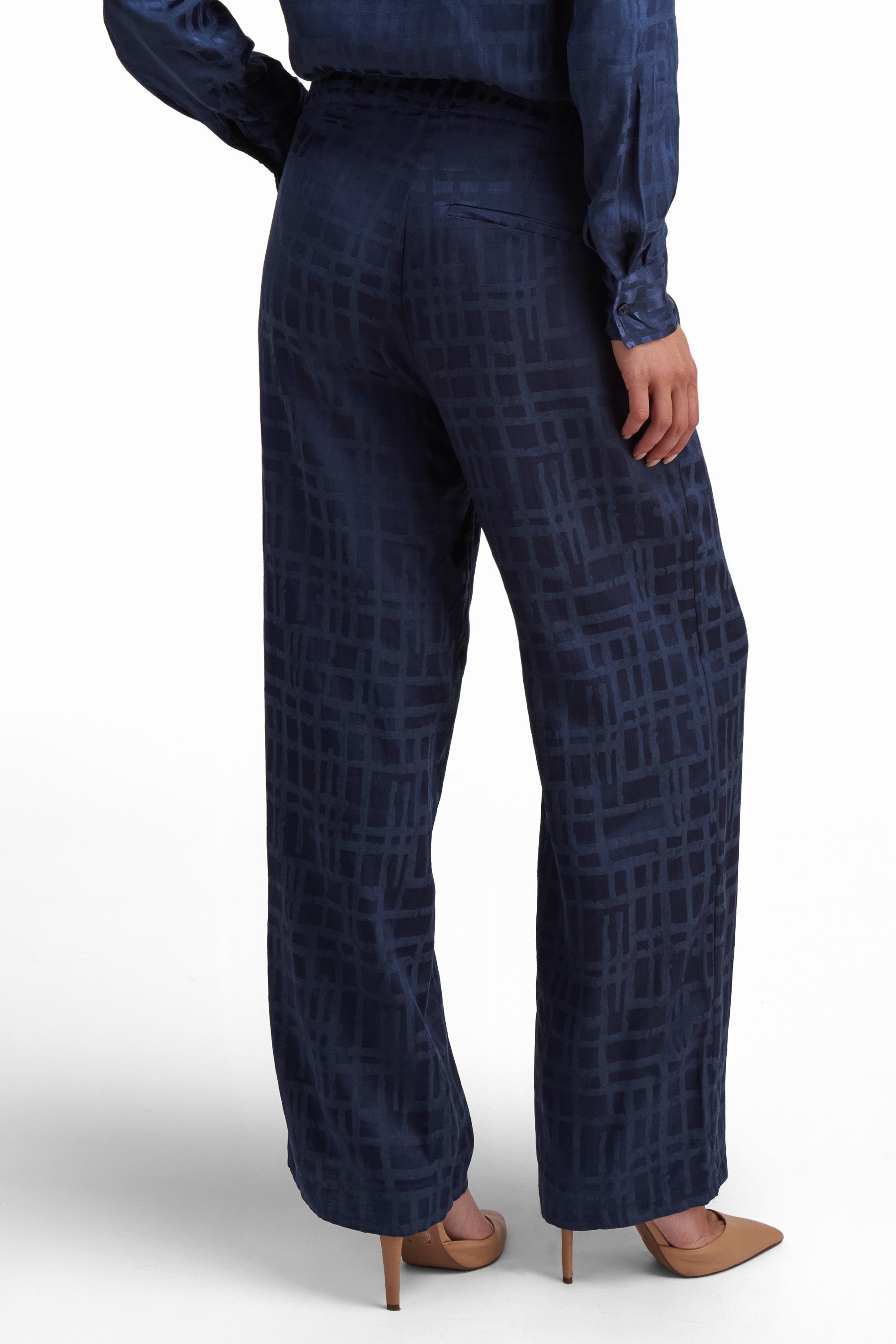 Blue Textured Wide-Leg Trousers