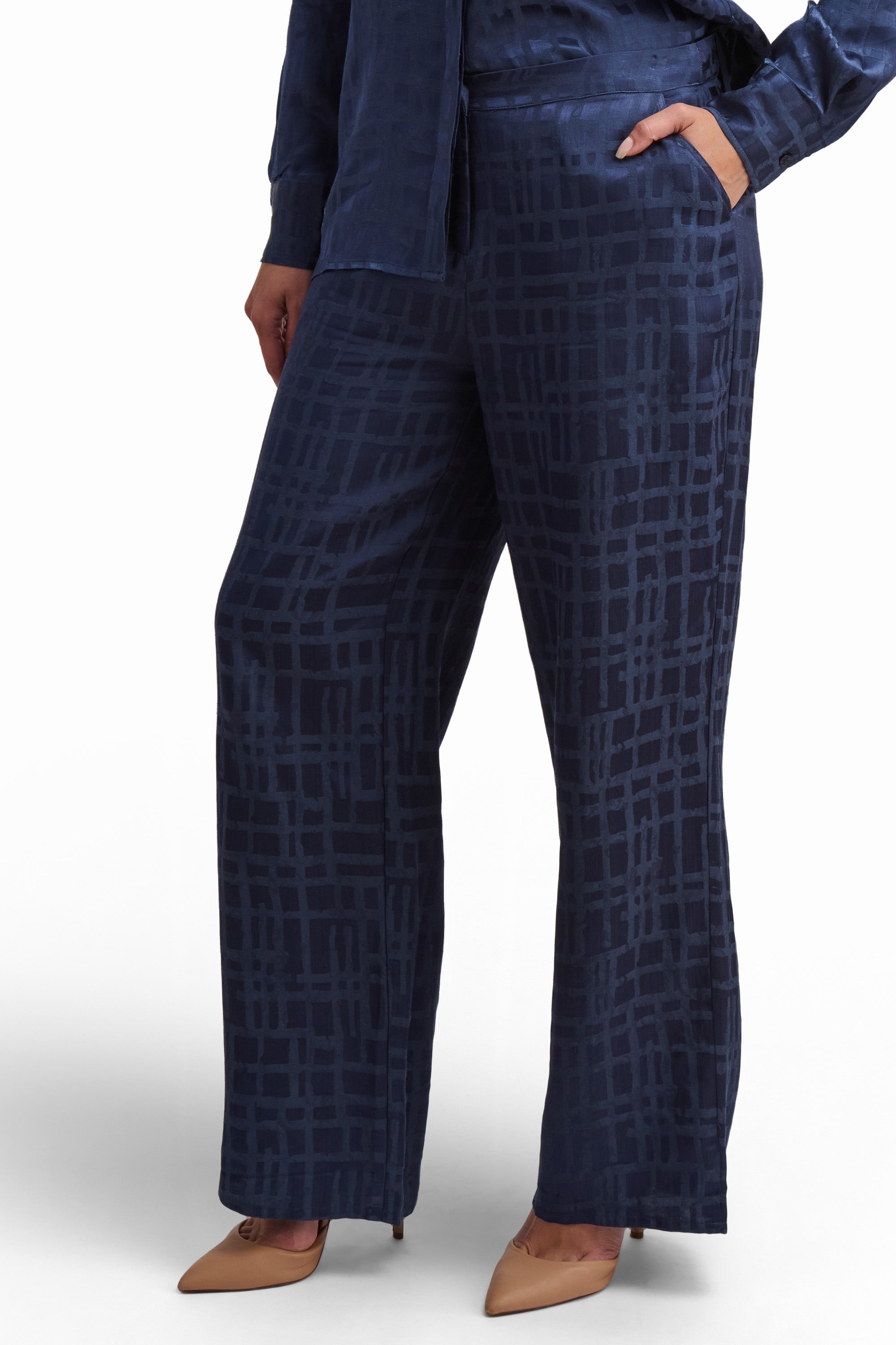 Blue Textured Wide-Leg Trousers