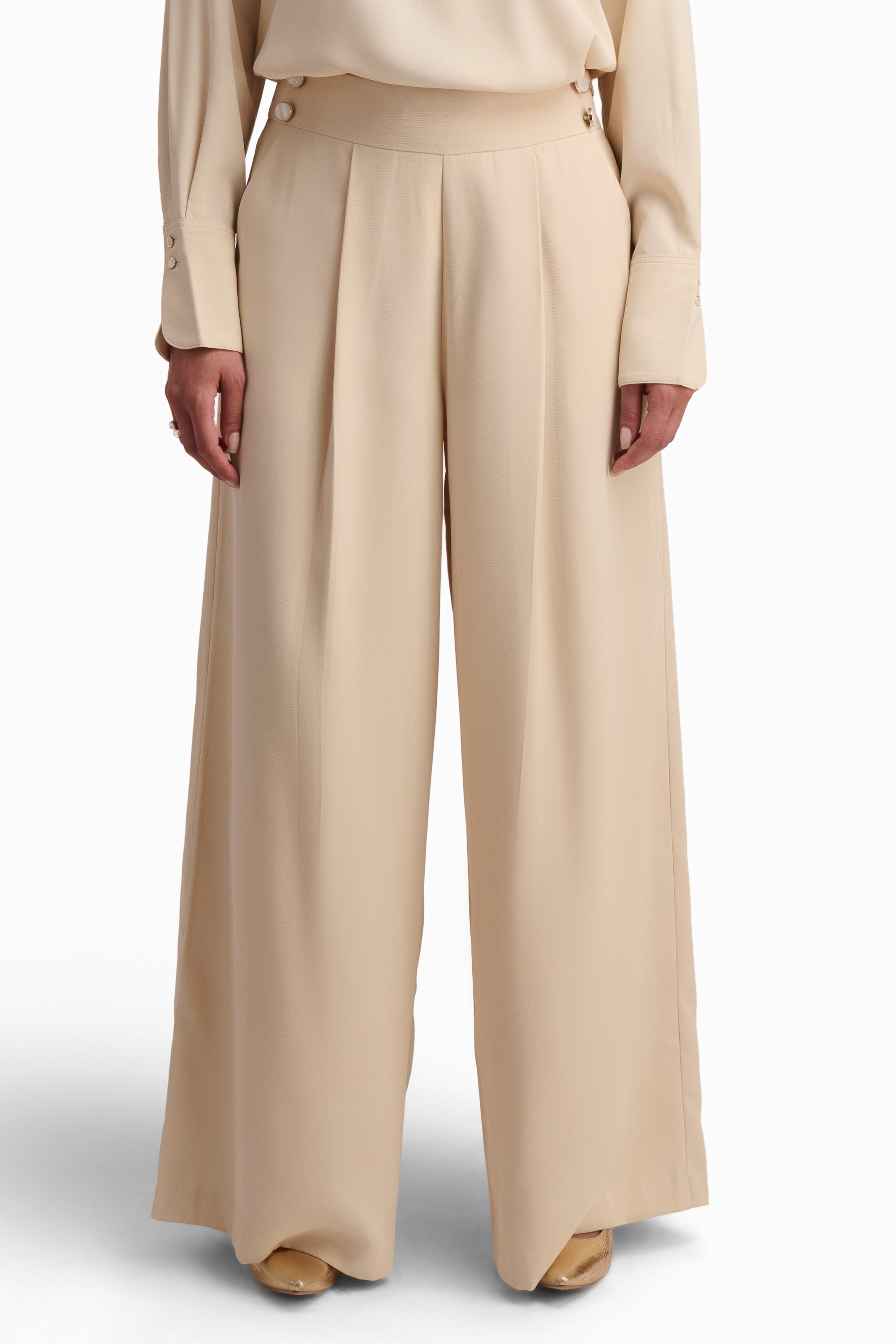 Beige Wide-Leg Pleated Trousers