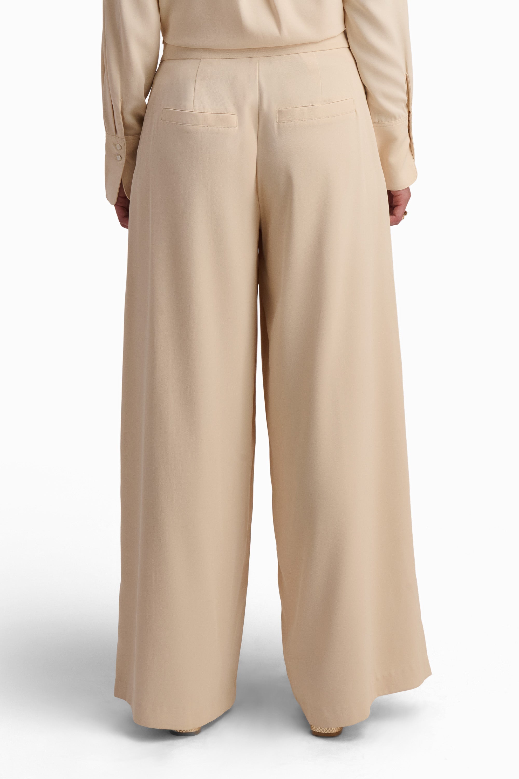 Beige Wide-Leg Pleated Trousers