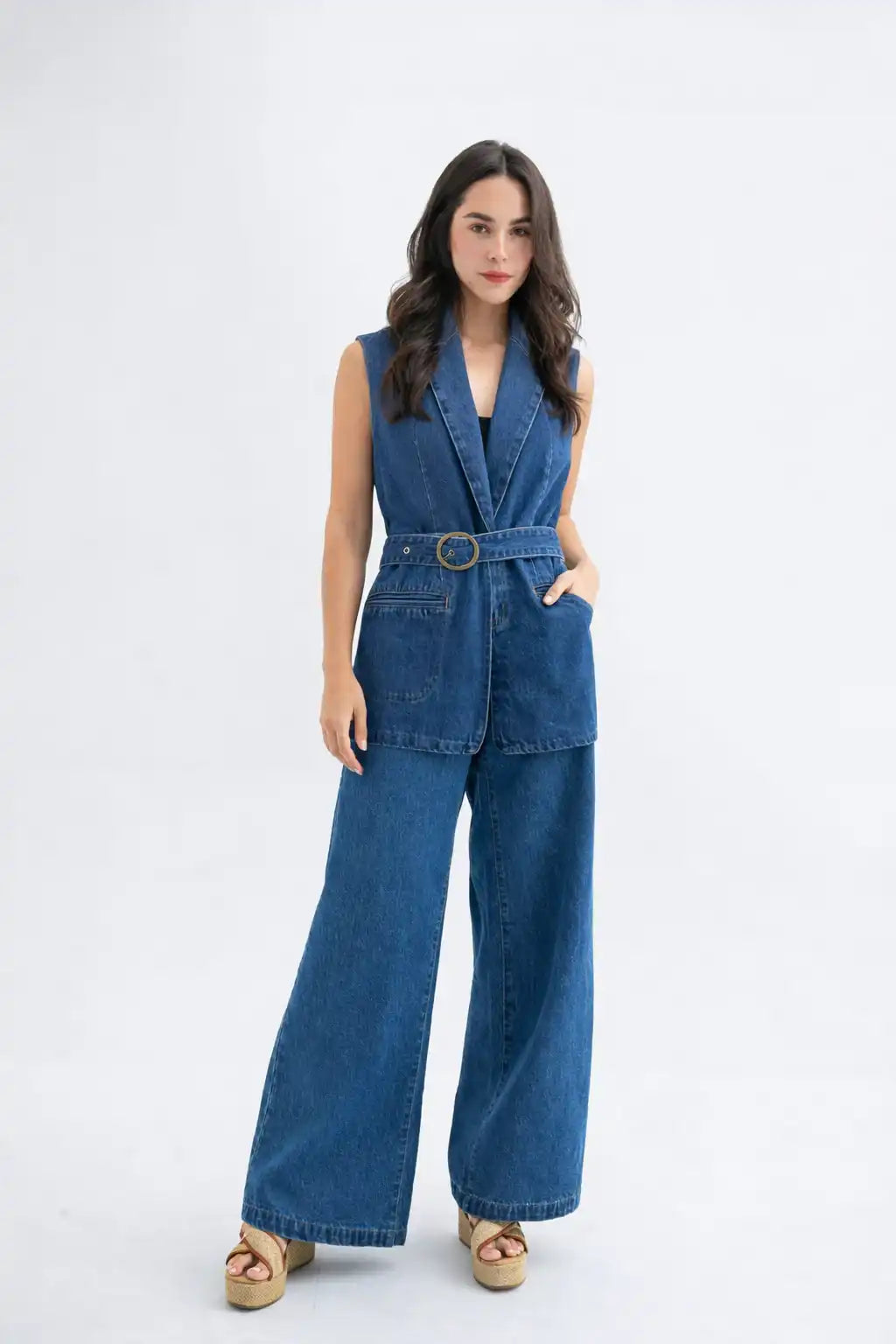 Denim Tailored Vest with Belt