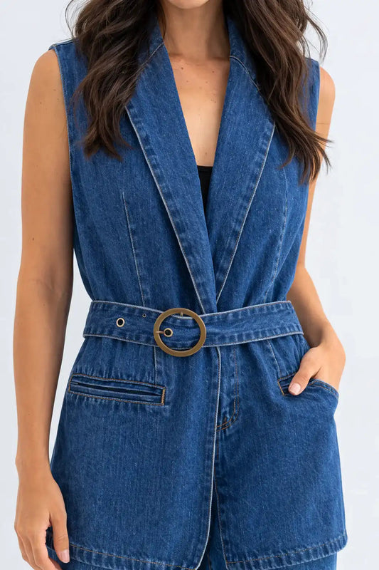 Denim Tailored Vest with Belt