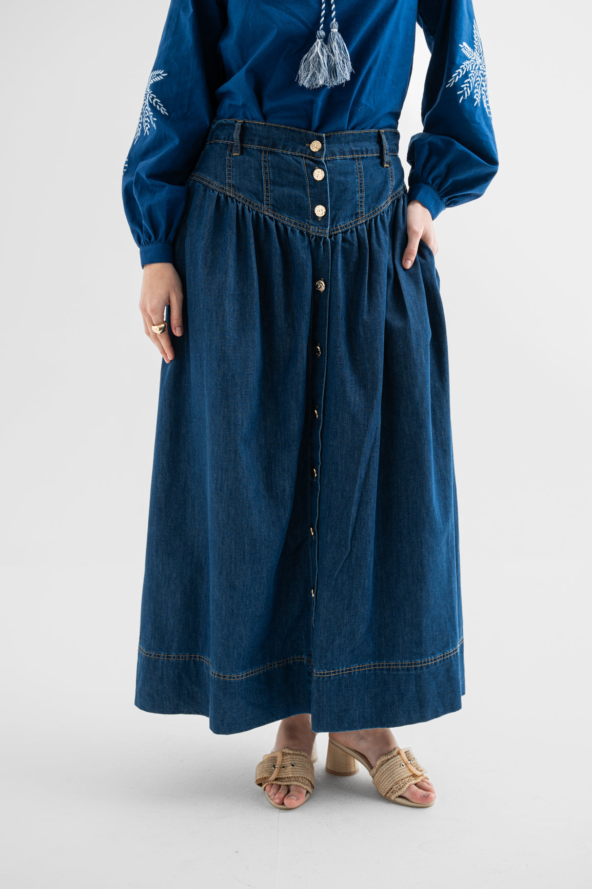 Indigo Button-Front Denim Maxi Skirt