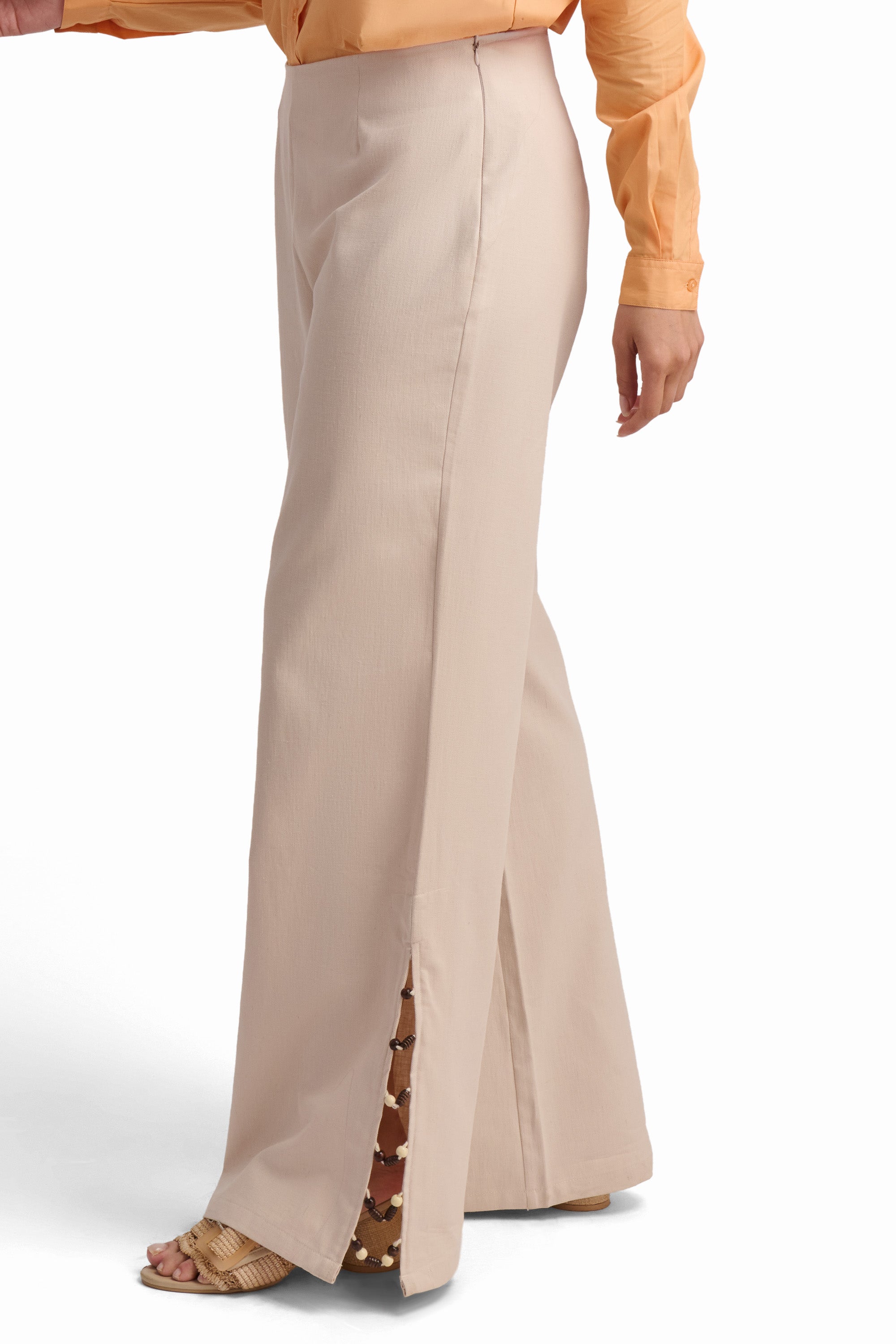 Beige Wide-Leg Trousers with Side Slits