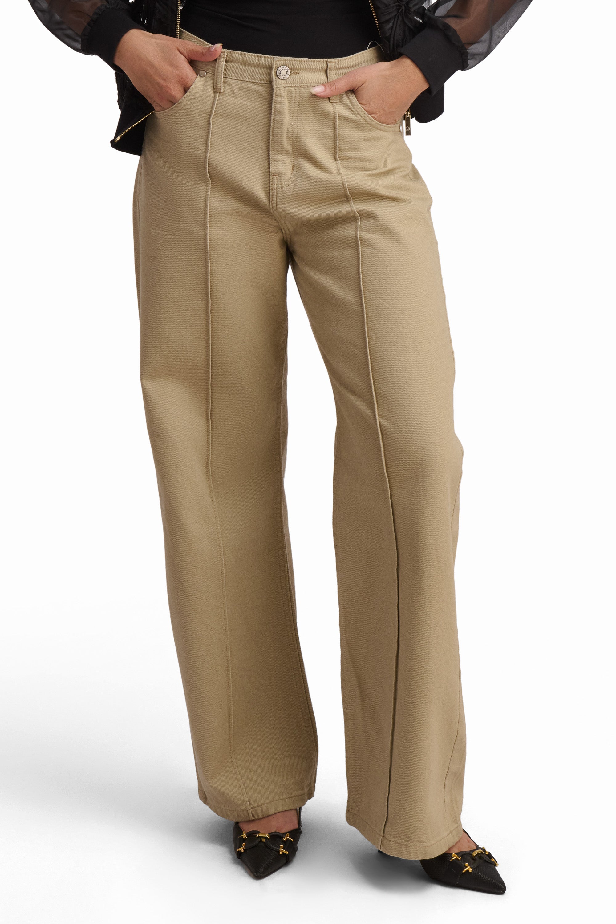 Beige Denim Wide-Leg Jeans