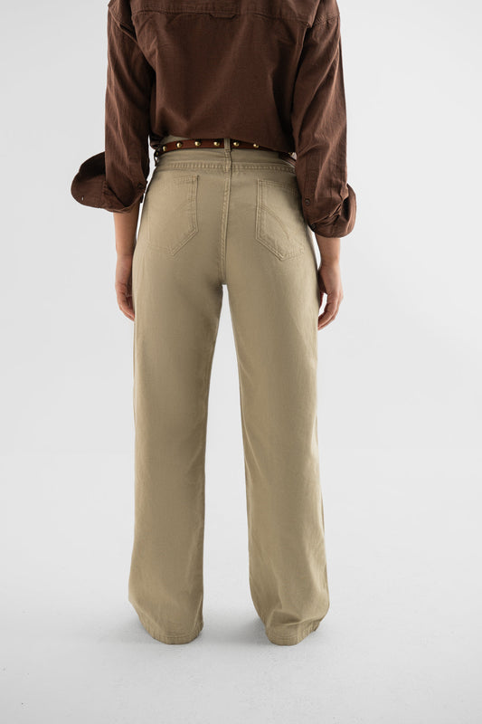 Beige Denim Wide-Leg Jeans