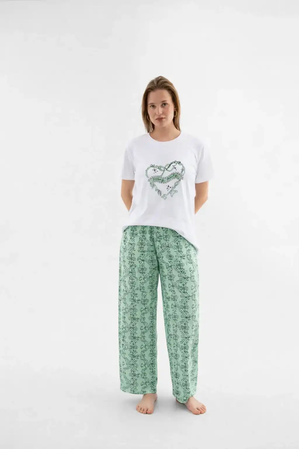 Floral Heart Print Full Pajama Set