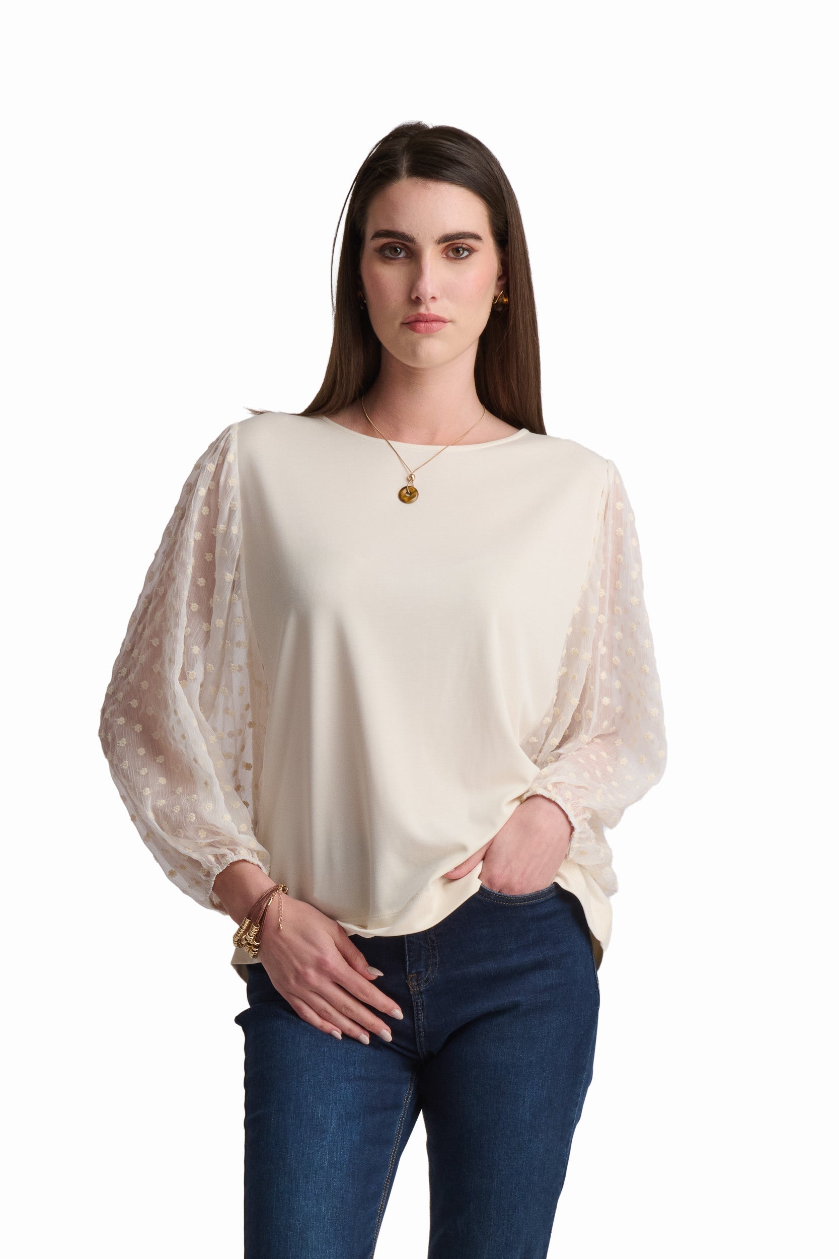 Cream Mixed-Fabric Elegant Top