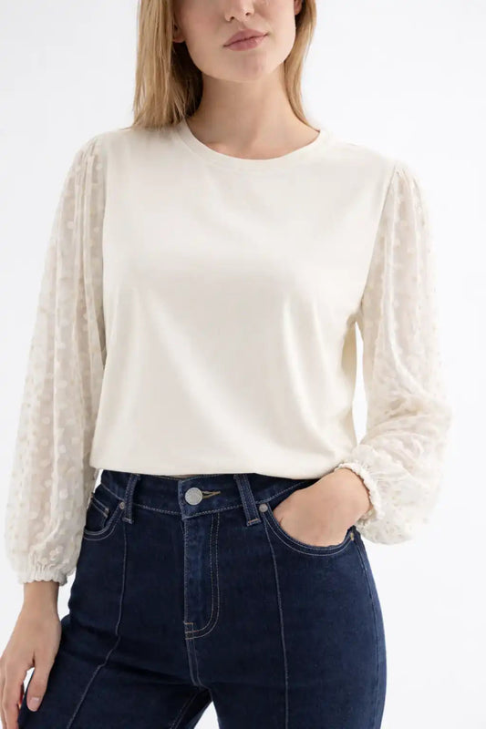 Cream Mixed-Fabric Elegant Top