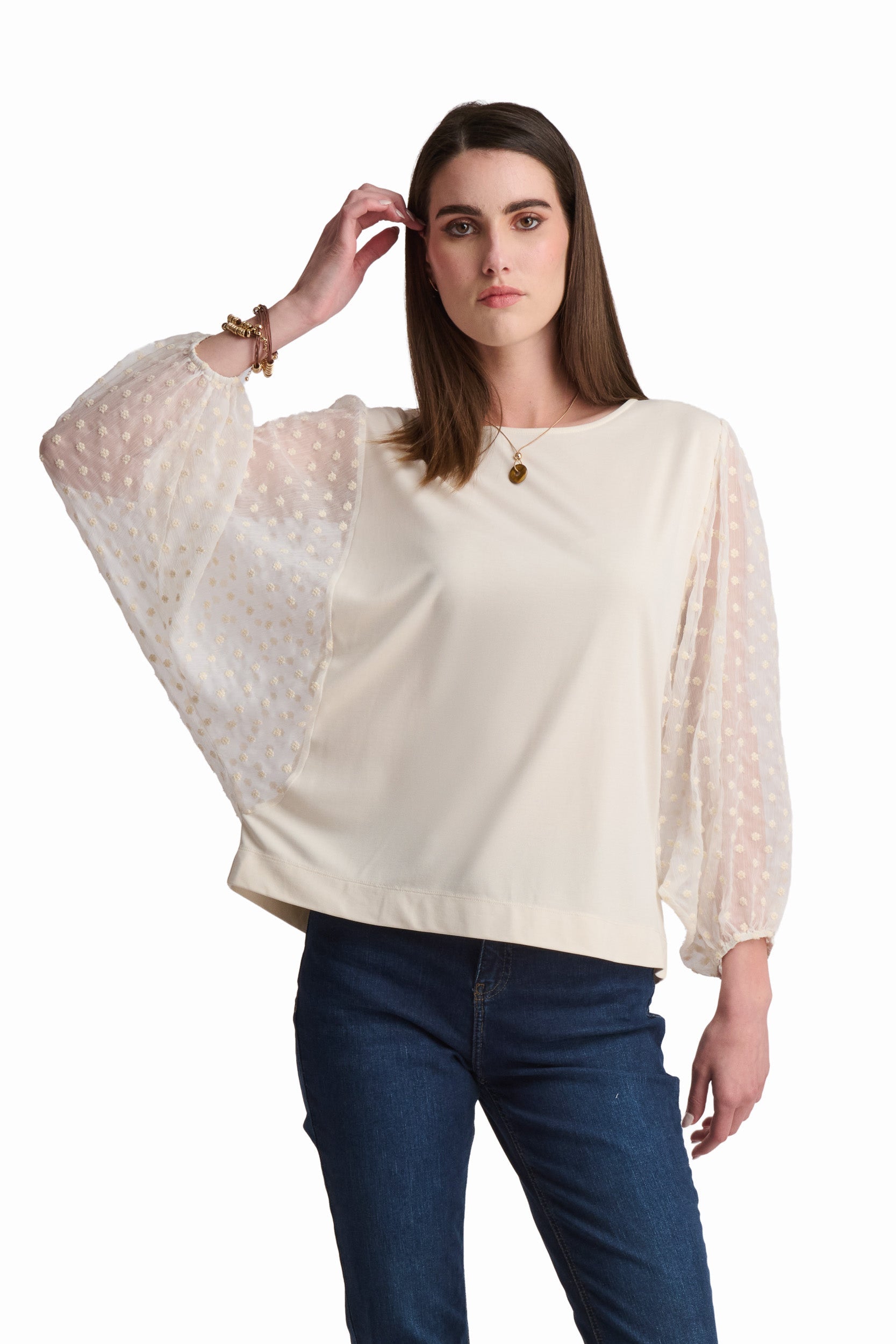 Cream Mixed-Fabric Elegant Top