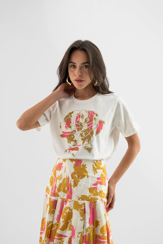 Golden Bloom Graphic Cotton T-Shirt