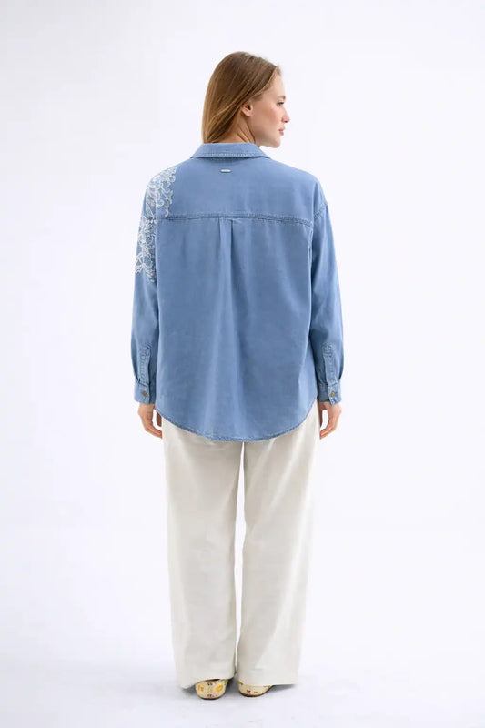 Light Blue Denim Shirt with Lace Detail