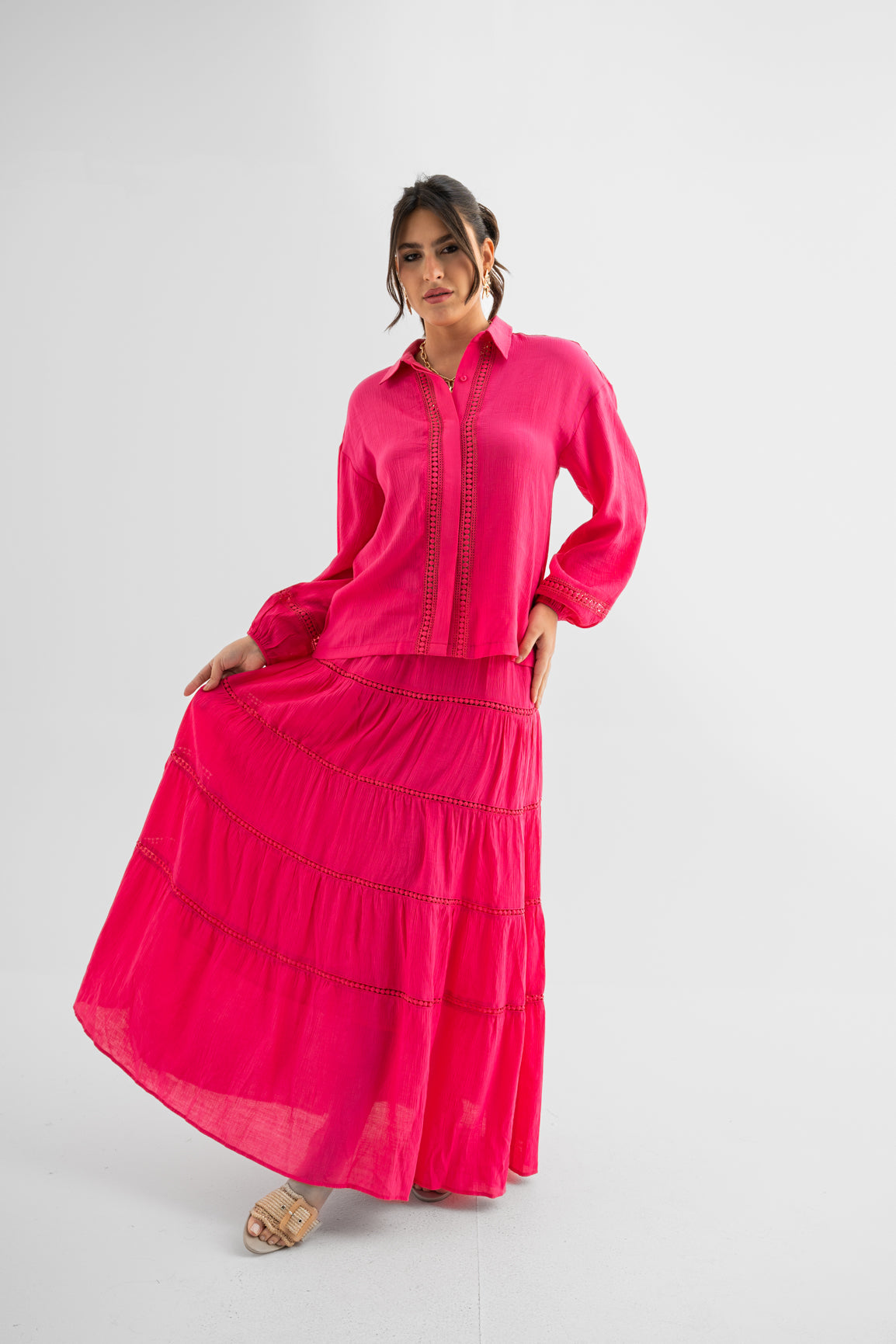 Fuchsia Lace-Trim Shirt