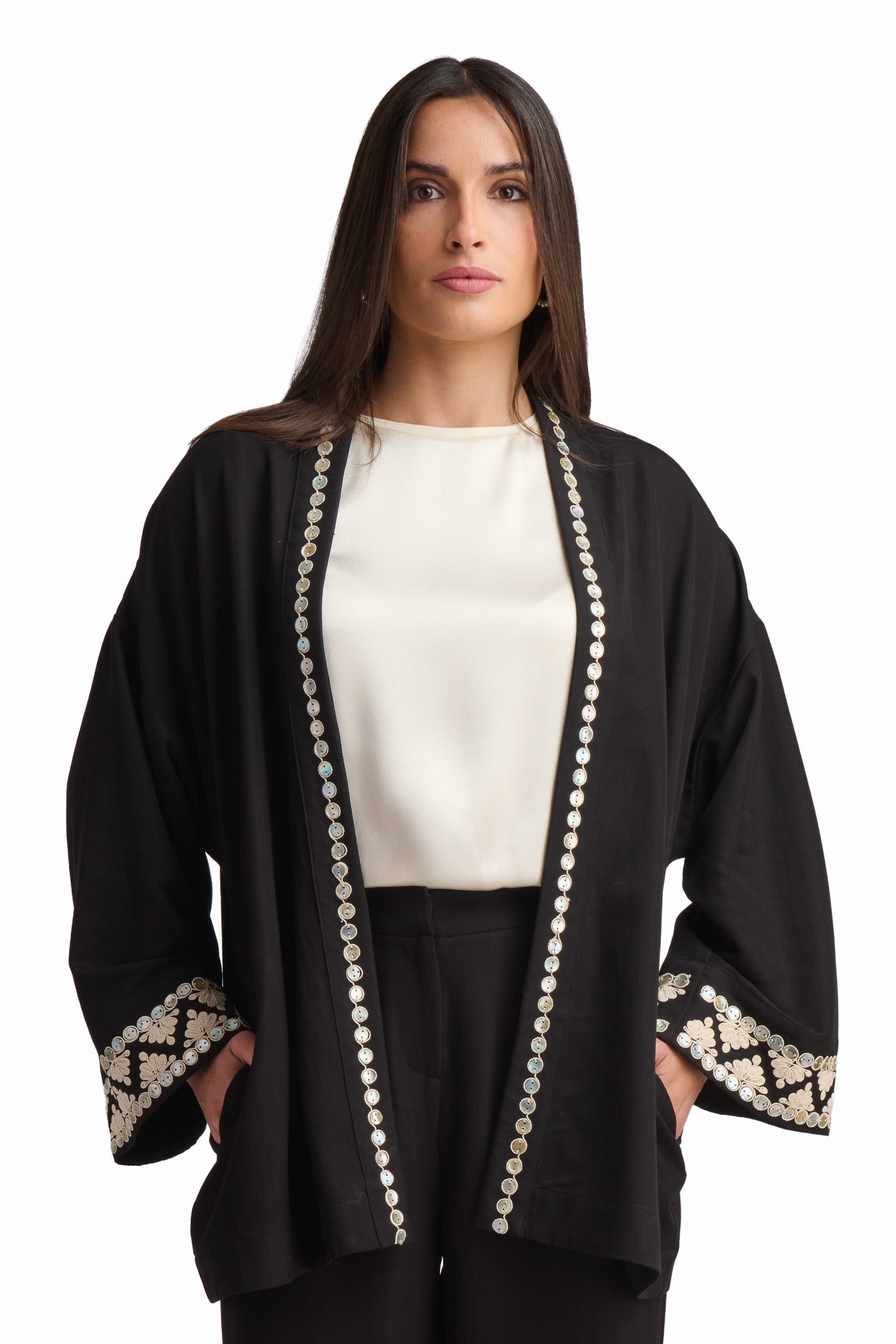 Black Embellished Open-Front Cardigan