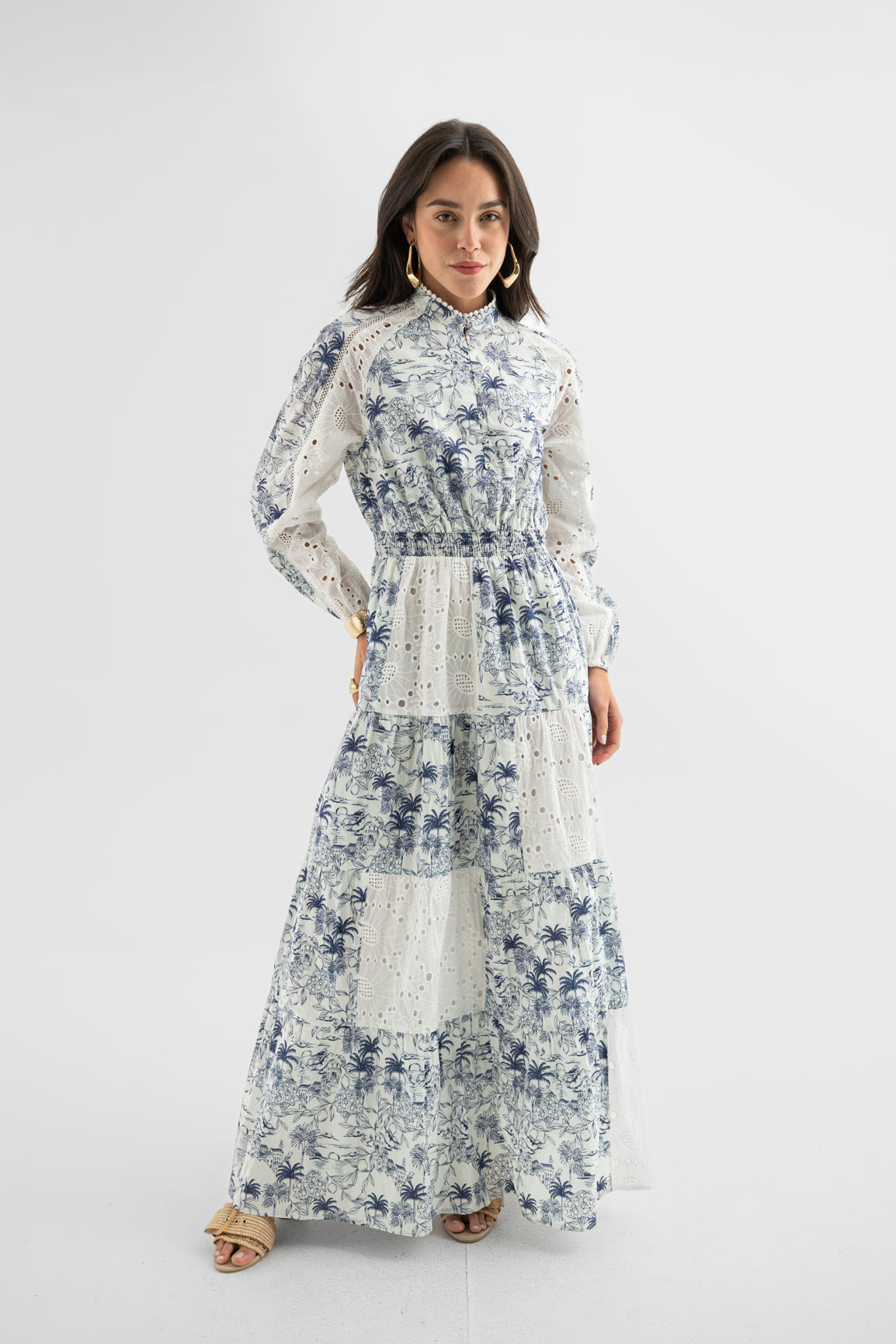 Blue Toile Lace Panel Maxi Dress