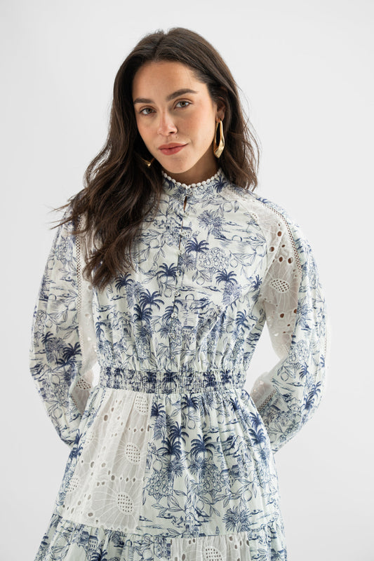 Blue Toile Lace Panel Maxi Dress