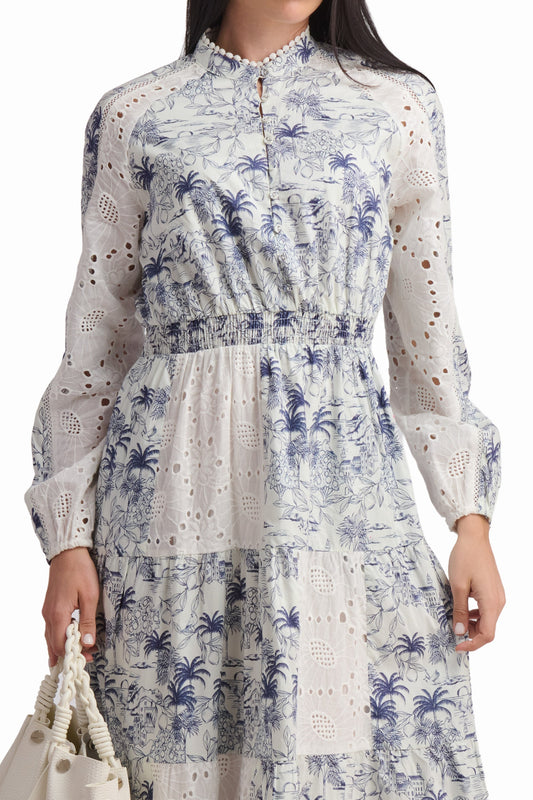 Blue Toile Lace Panel Maxi Dress