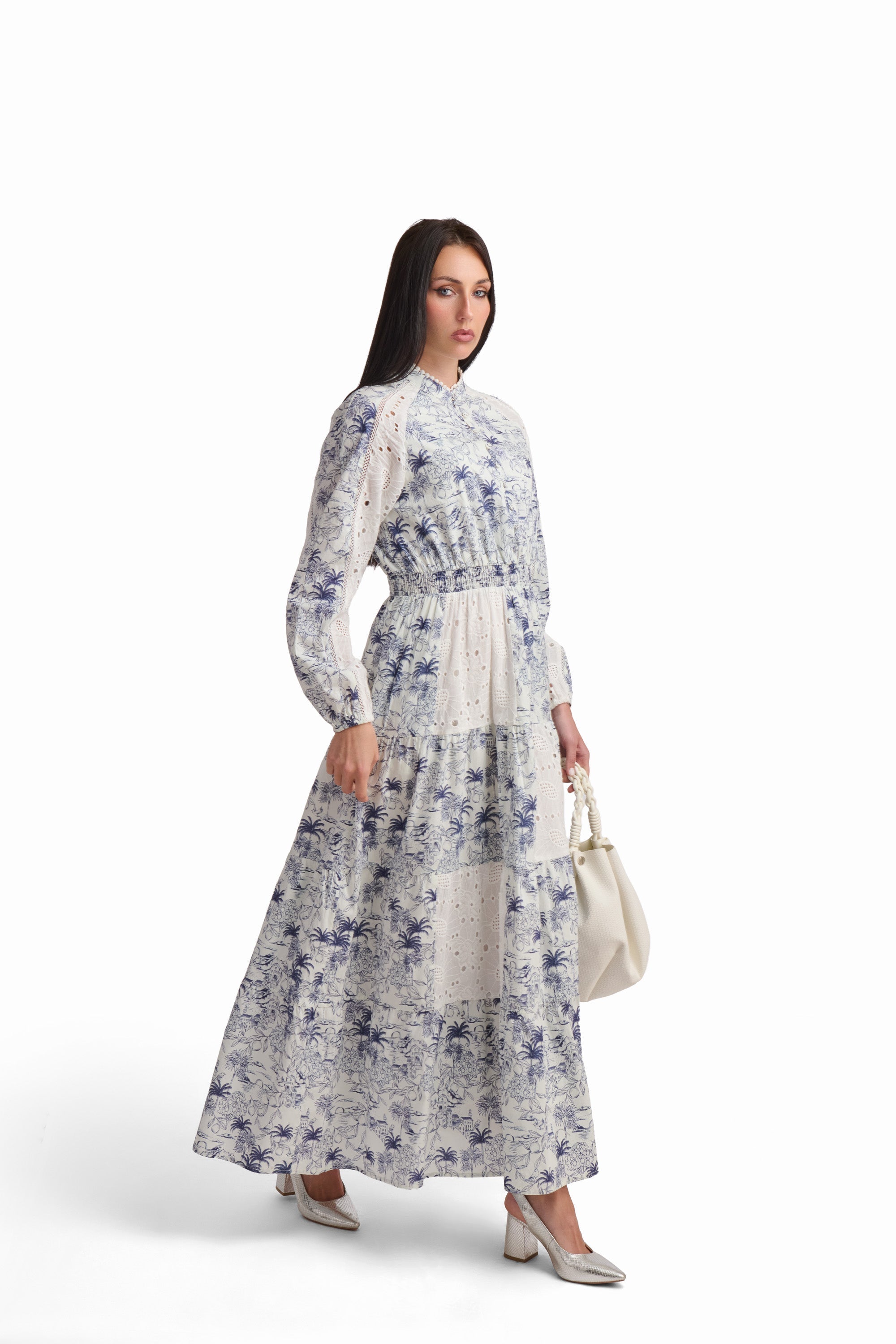 Blue Toile Lace Panel Maxi Dress
