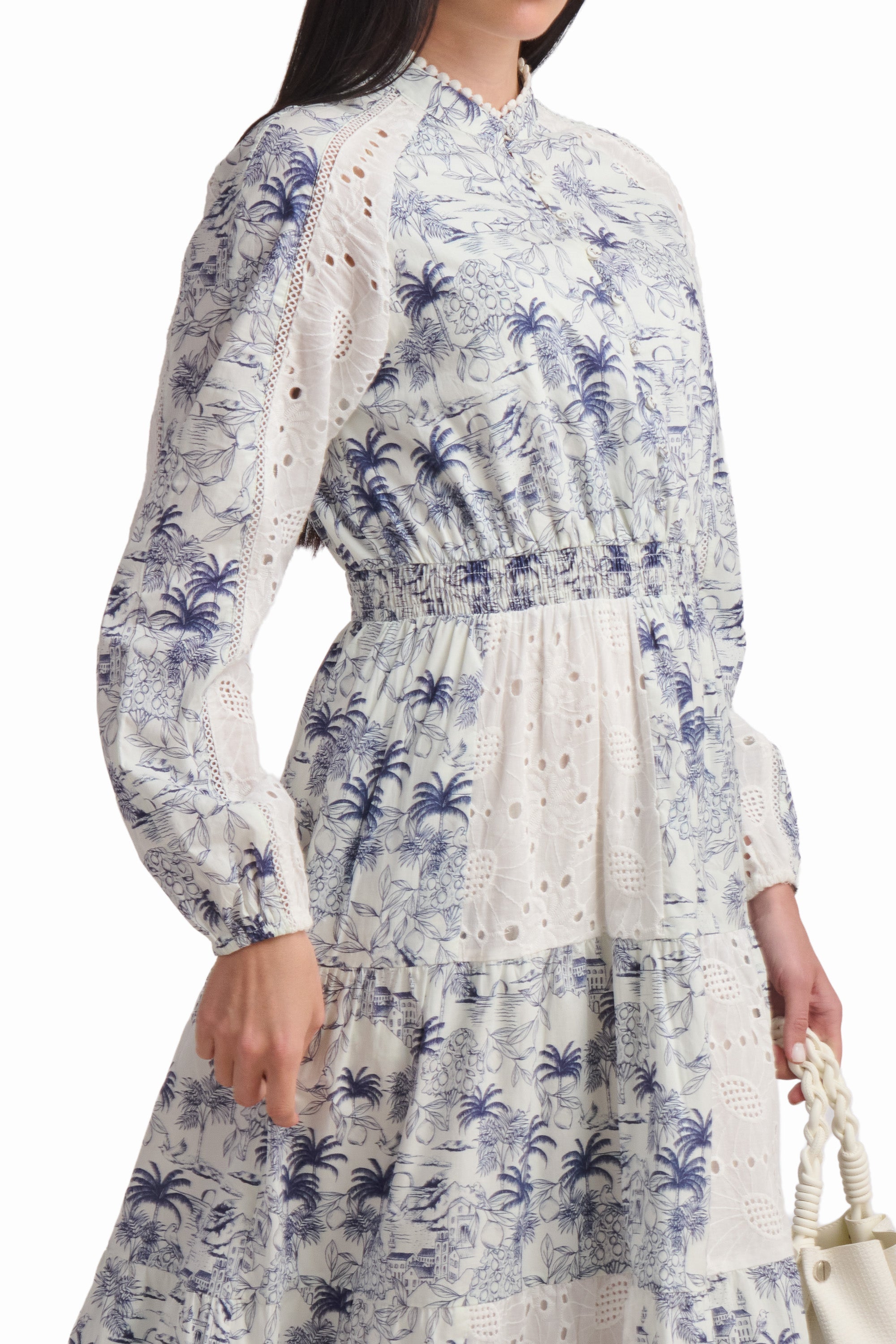 Blue Toile Lace Panel Maxi Dress