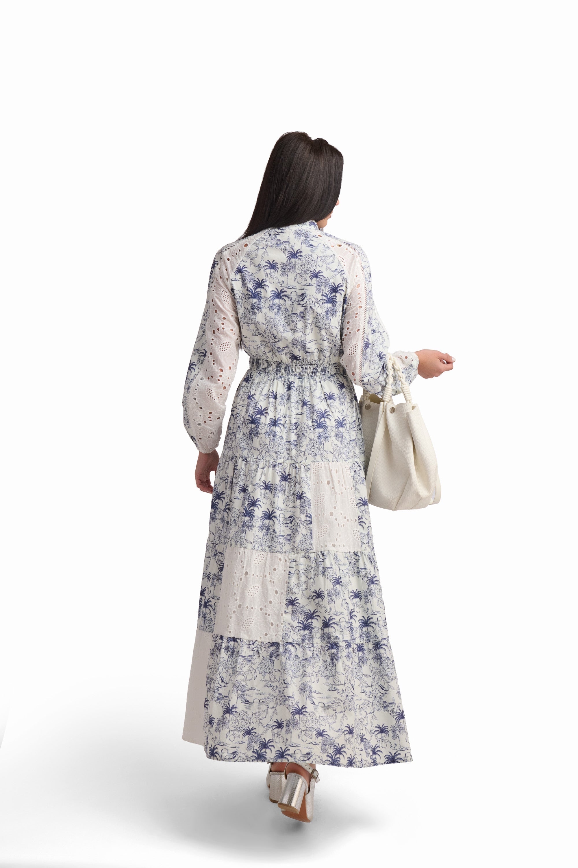 Blue Toile Lace Panel Maxi Dress