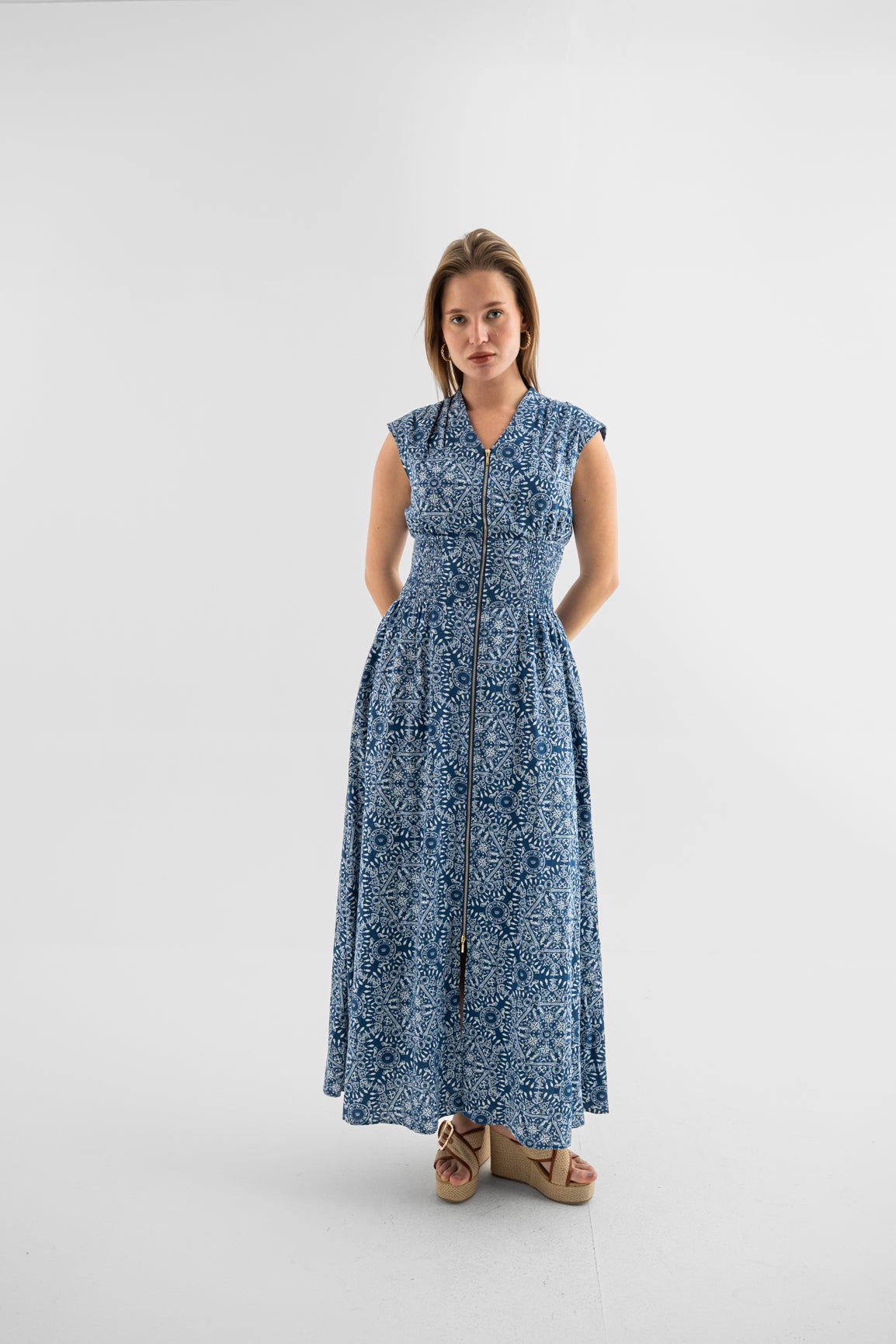 Azure Mosaic Sleeveless Maxi Dress