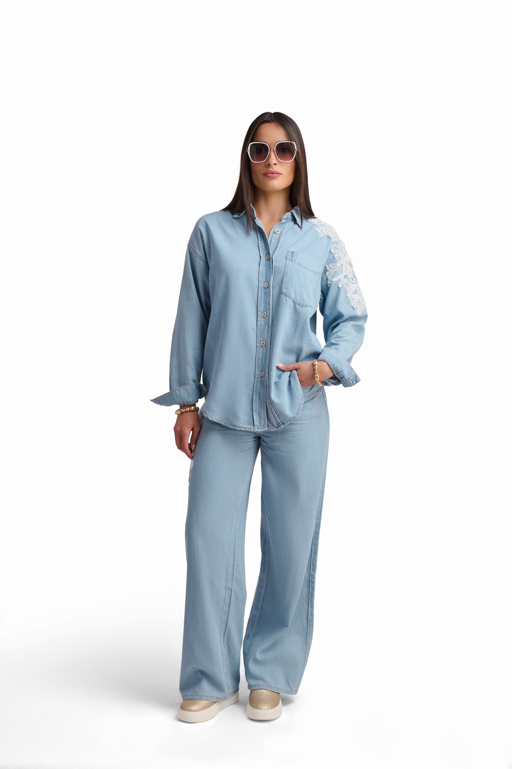 Light Blue Denim Trousers with Side Detail