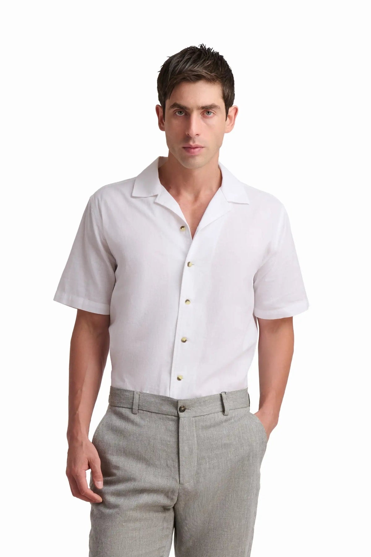 White Linen-Cotton Short-Sleeve Shirt