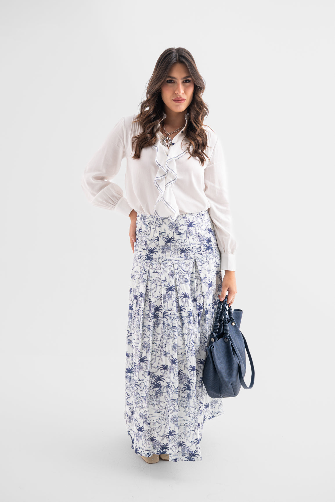 Blue Toile Tiered Maxi Skirt