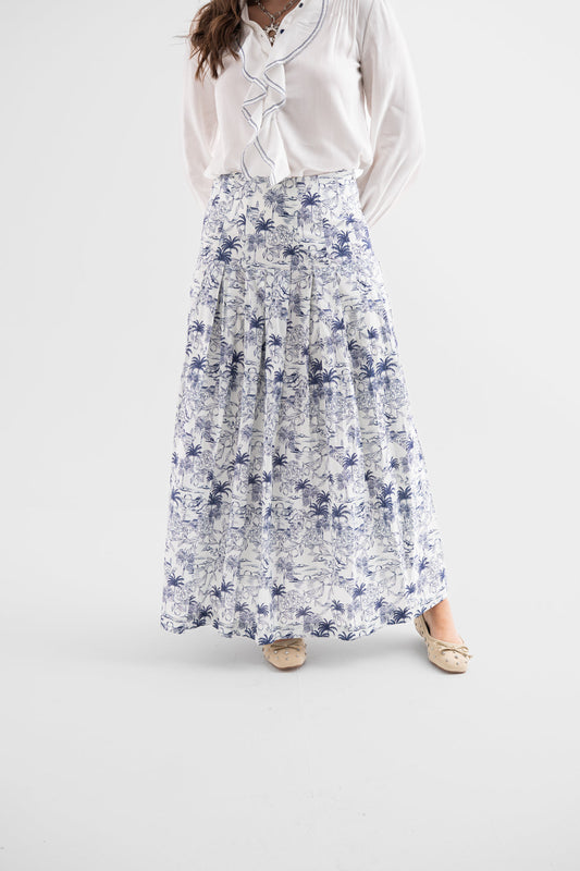 Blue Toile Tiered Maxi Skirt