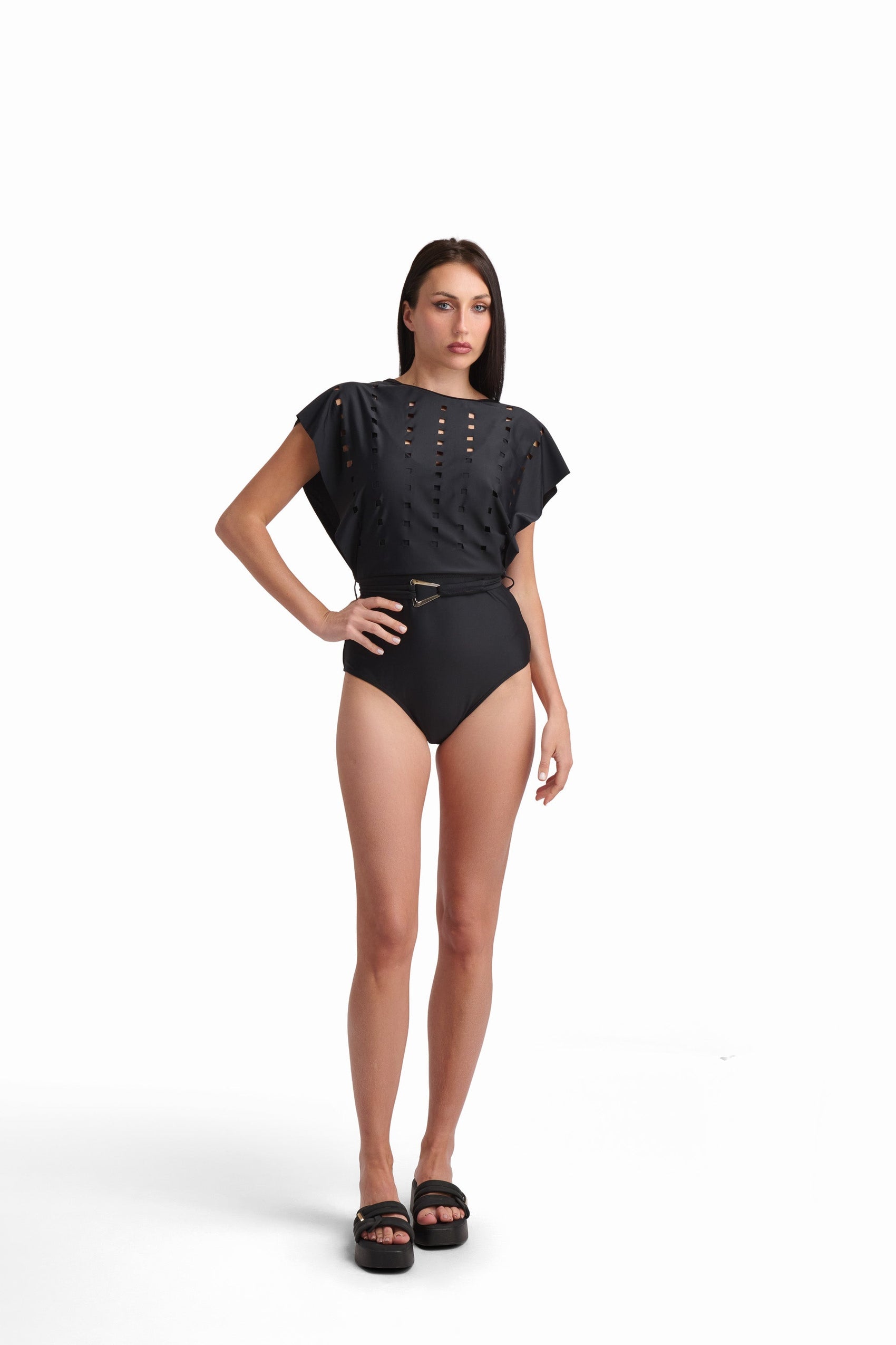 Black Cut-Out Swimsuit with Belt