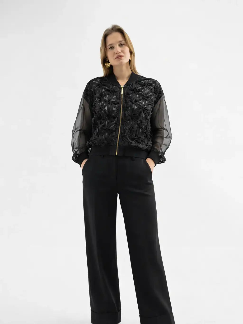 Black Floral Textured Zip Jacket