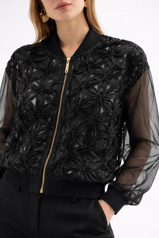 Black Floral Textured Zip Jacket
