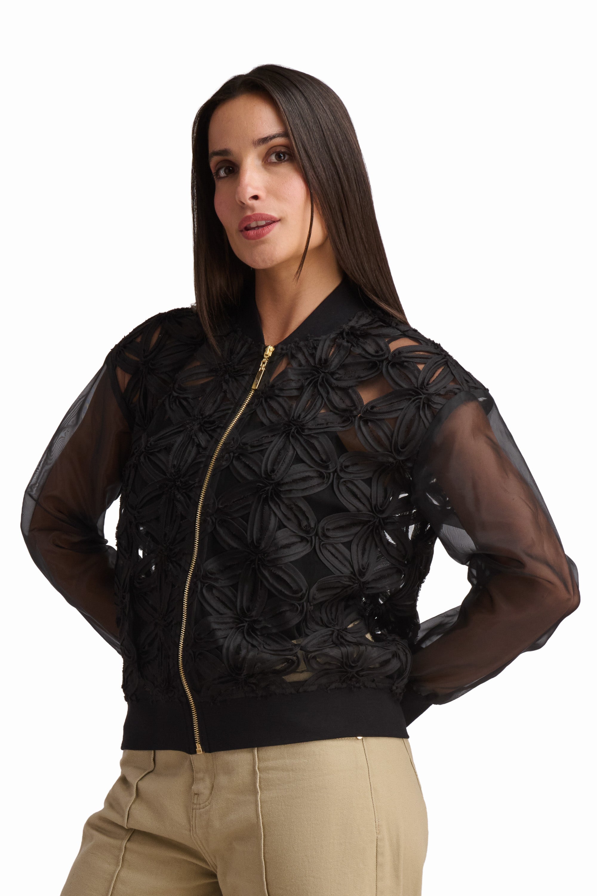 Black Floral Textured Zip Jacket