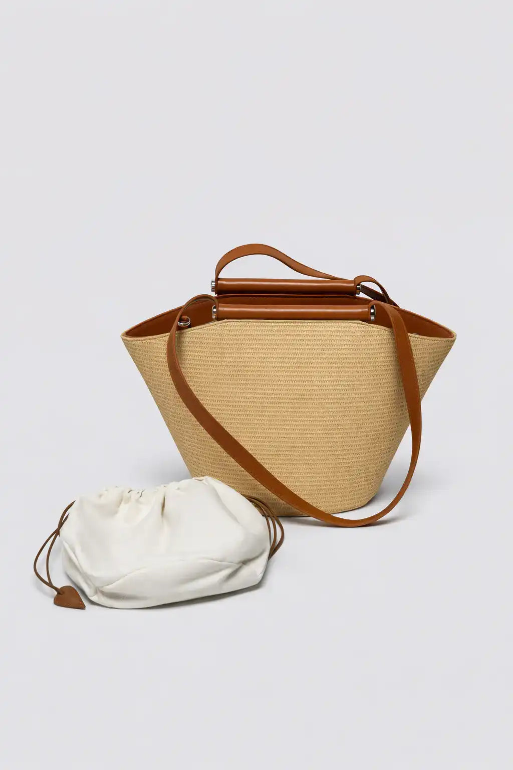 Natural Texture Shoulder Bag with Brown Leather Details
