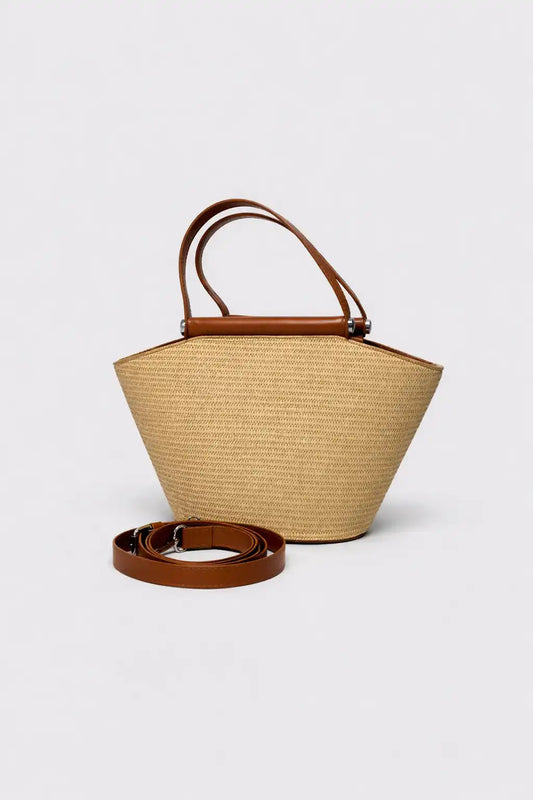 Natural Texture Shoulder Bag with Brown Leather Details
